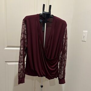 Adiva Burgundy Lace-Sleeve Draped Wrap Blouse